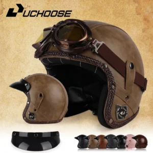 UCHOOSE Casco de motocicleta Retro de cuero PU cara abierta 3/4 Chopper cascos de bicicleta Casco clásico Moto Vintage