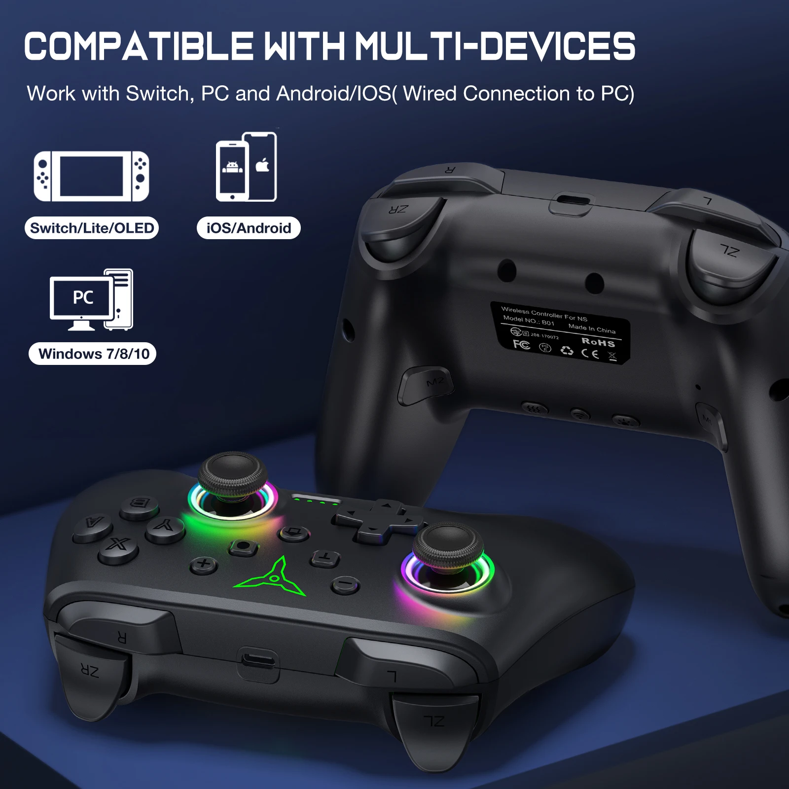 Dinofire Wireless Bluetooth RGB Controller for Nintendo Switch/Switch OLED/Switch Lite/PC/Mobile Gamepad Multi-Function Joystick - Imagen 2